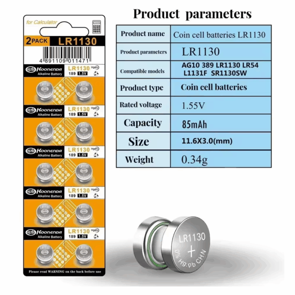 10x Pilas botón AG10 LR54 LR1130 SR1130SW 1.5V Koonenda - Imagen 3