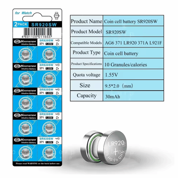 10x Pilas botón AG6 LR920 371 SR920 1.55V Koonenda - Imagen 2