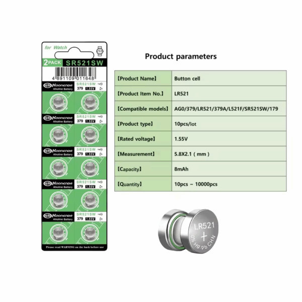 10x Pilas botón AG0 LR521 1.55V Koonenda - Imagen 2