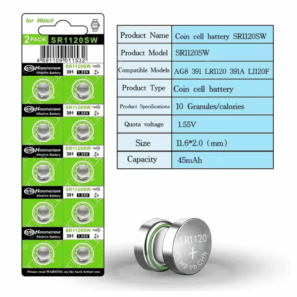 10x Pilas botón AG8 LR55 391 SR1120SW 191 LR1120 1.55V Koonenda - Imagen 4