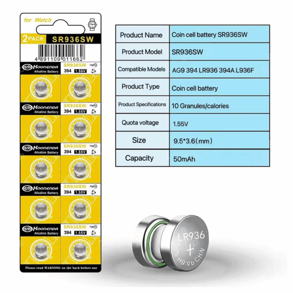 10x Pilas botón AG9 LR936 394 SR936SW 1.55V Koonenda - Imagen 2