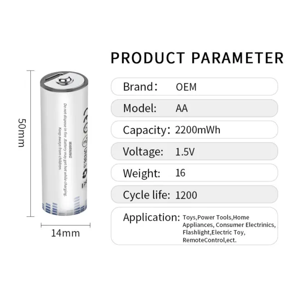 2x Pila Batería de litio recargable por USB Tipo C 1.5V AA 2200 mAh - Imagen 4