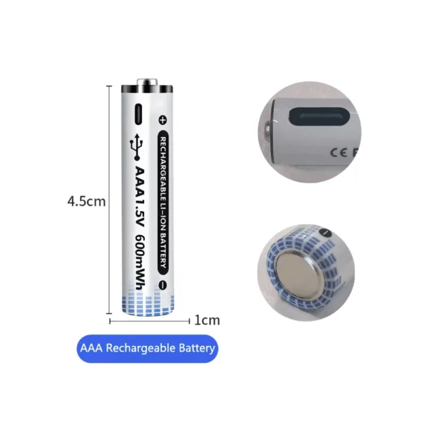 2x Pila batería de litio recargable por USB Tipo C 1.5V AAA 600 mAh - Imagen 4
