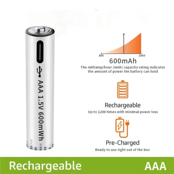 2x Pila batería de litio recargable por USB Tipo C 1.5V AAA 600 mAh - Imagen 7