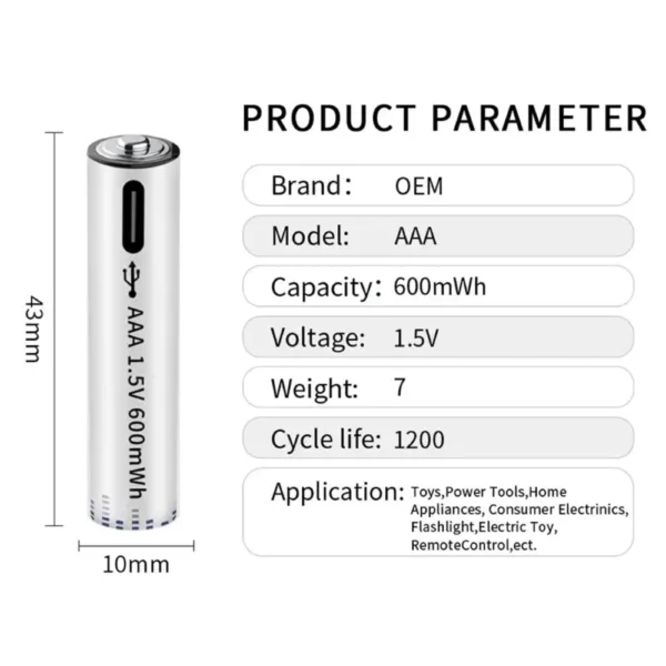 2x Pila batería de litio recargable por USB Tipo C 1.5V AAA 600 mAh - Imagen 9