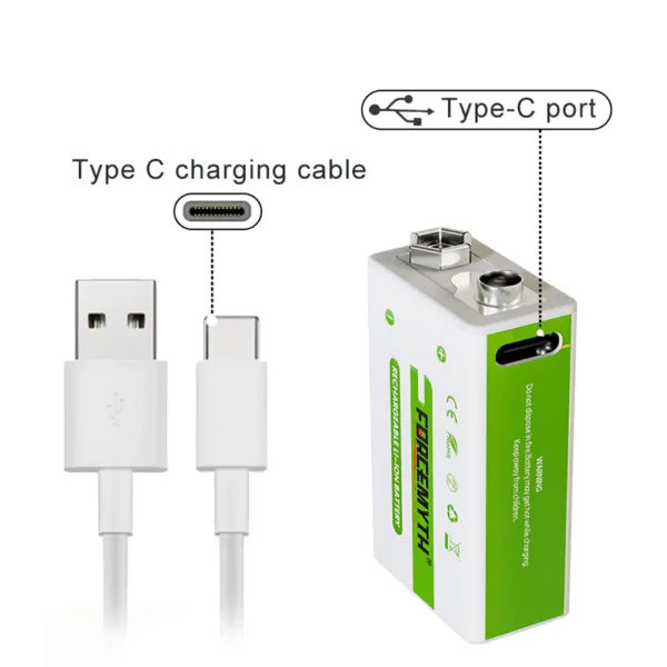 Pila Batería de litio recargable por USB Tipo C 9V 6F22 1000 mAh - Imagen 5