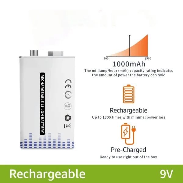 Pila Batería de litio recargable por USB Tipo C 9V 6F22 1000 mAh - Imagen 4